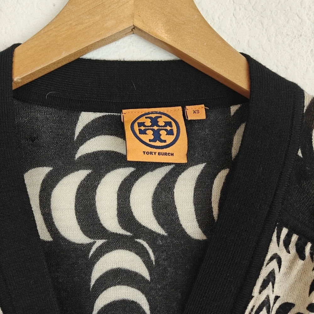 Tory Burch Black & Cream Graphic Wool Cardigan XS | Chic Button Front Statement